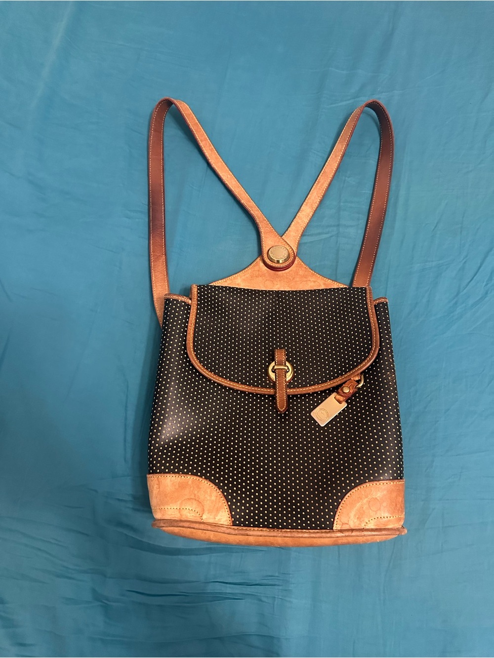 Dooney and Bourke Black Polka Dot Backpack with Tan Leather Trim